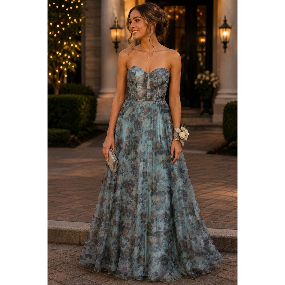 Lulus Floral Strapless Corset Maxi Dress Blue Purple Pleated Lace Up Back
